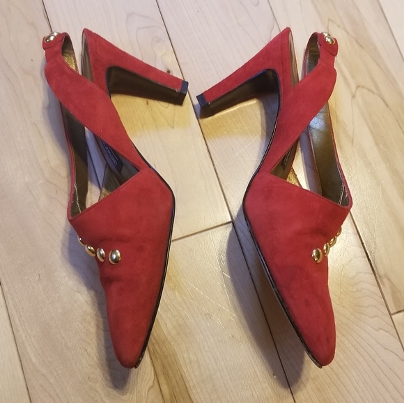 Stuart Weitzman vintage red suede heels w gold 6.5 - Picture 2 of 6